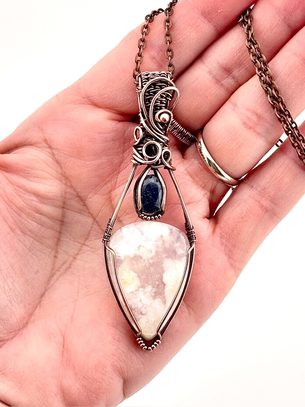 HANDMADE Plume Agate and Sapphire Copper Artisan Wire Wrapped Pendant Necklace